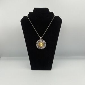 Round Filigree Pendant Necklace Yellow Gemstone Clear Accent Stones Silver Toned